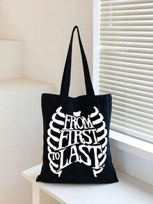 1pc Black Fashionable Canvas Tote Bag With Skeleton Printed 'from' Letter For Women, Portable Shopping Bag For Going Out - Black - View 2