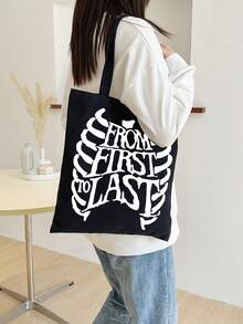 1pc Black Fashionable Canvas Tote Bag With Skeleton Printed 'from' Letter For Women, Portable Shopping Bag For Going Out - Black - View 4