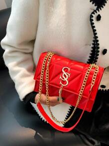 Fashion Lock Buckle Quilted Chain Shoulder Bag For Women, Quilted Diamond Pattern Chain Shoulder Bag With Twist Lock Chain Strap - Red - View 7