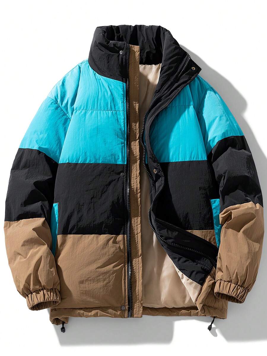 Men's Winter Sports Dopamine Color Block Zipper Padded Coat, Gym Clothes - Blue - View 1