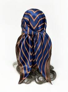 1條女式仿真絲條紋圖案頭巾,胸前包裹,頸巾,披肩,沙灘巾,頭帶,適用於日常穿著的髮飾配件 - 藍色 - 查看 2