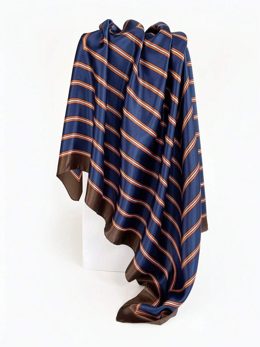 1條女式仿真絲條紋圖案頭巾,胸前包裹,頸巾,披肩,沙灘巾,頭帶,適用於日常穿著的髮飾配件 - 藍色 - 查看 1