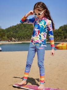ASK JUNIOR Tween Girl Water Ripple Printed Long Sleeve Top And Striped Pants Tankini Swimwear Set - Blue - View 10
