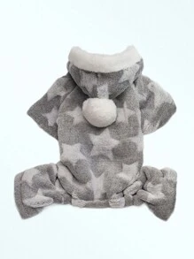 1pc Cat & Dog Coral Fleece Star Hooded Jumpsuit, Thickened And Warm Pet Homewear - Grey - View 2
