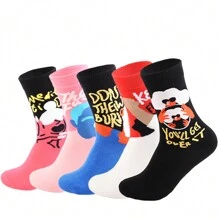 5pairs Women's Mid-Calf Cartoon Printed Socks - Multicolor - View 1