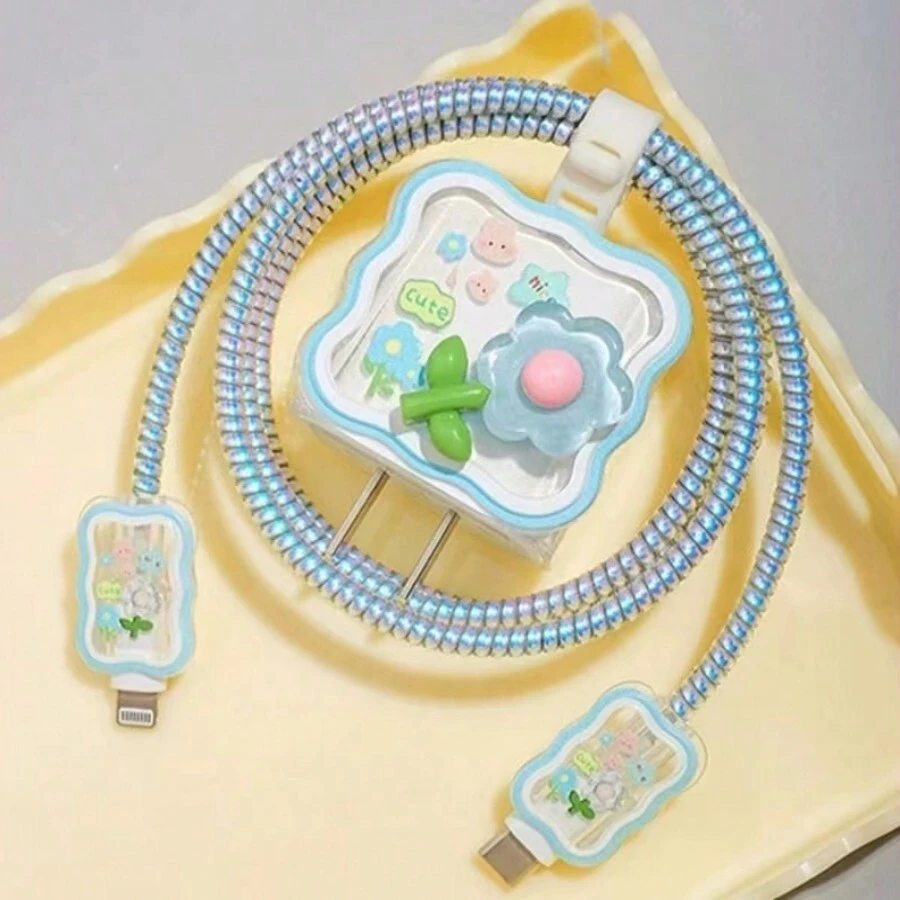 4pcs/Set Transparent Blue Cartoon Flowers Charging Protector Set Compatible With IPhone - Clear - View 1