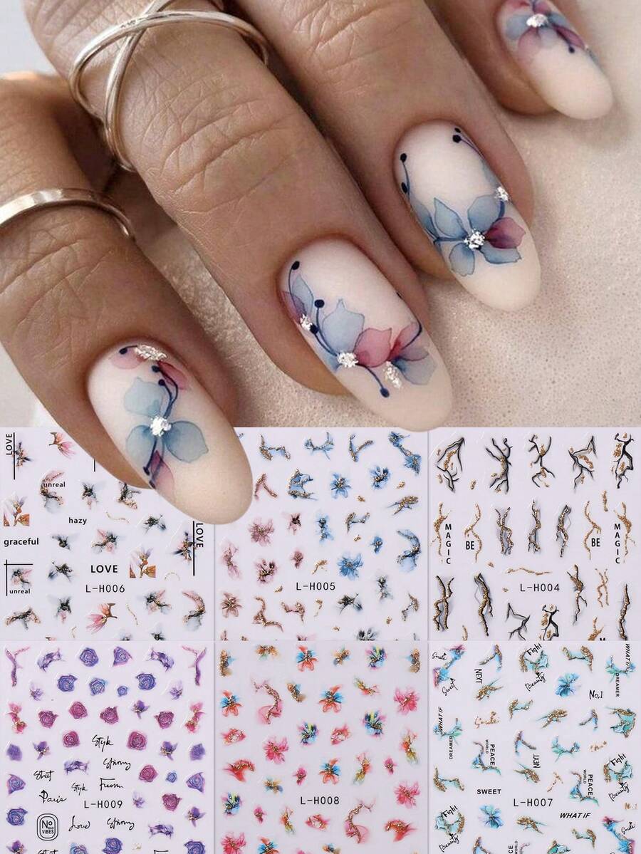 6入組大理石印花及閃粉指甲貼紙 - 彩色 - 查看 1