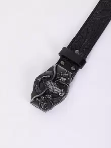 Bull Head Buckle Western Cowboy Belt With Adjustable Waist Strap - Black - View 2