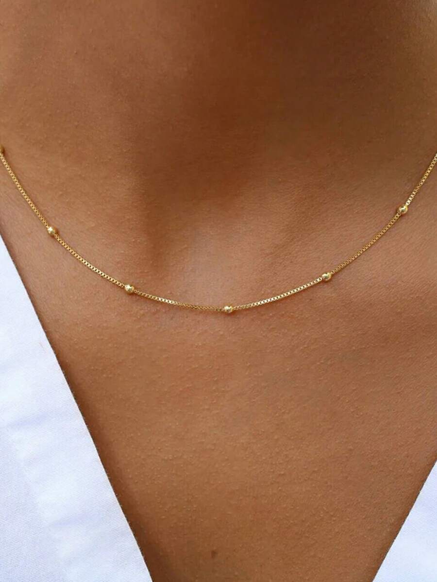 FOREVER QUEEN 925纯银极简圆形珠链项链，简约时尚，精致珠宝礼品 - 金色 - 查看 1