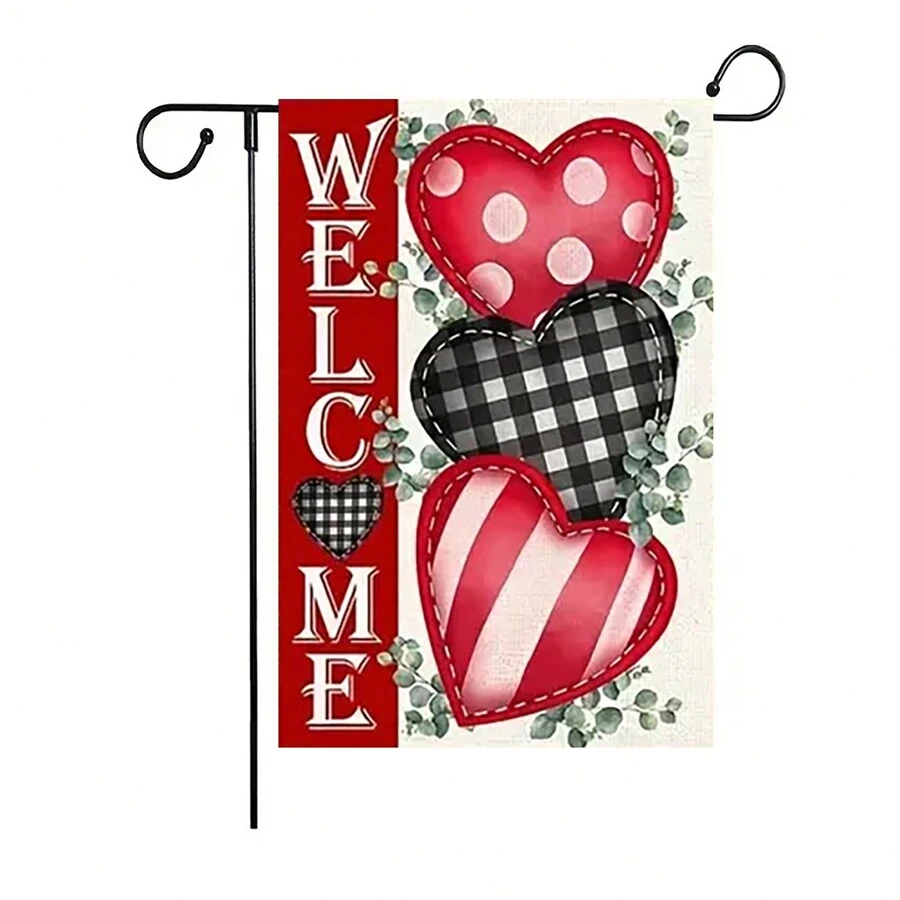 1pc Outdoor Garden Hanging Flag With White Polka Dots, Stripes, Checks & Heart Patterns For Party Decoration (Flagpole Not Included) - Multicolor - View 1