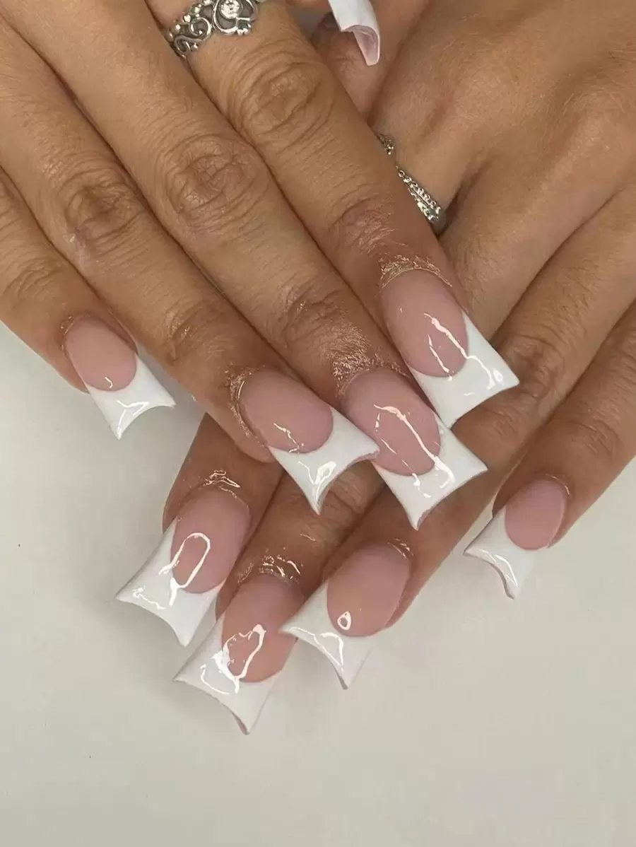 24pcs Long Duck Nail Tips, Minimalist White French Manicure, Removable Fake Nail Stickers, Includes 1 Nail File And 1 Jelly Glue - Multicolor - View 1