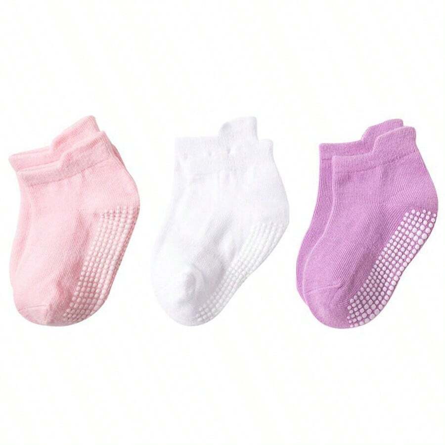 3pairs/Pack Spring & Summer Children Socks, Baby Boys Girls Solid Color Boat Socks, Simple And Stylish For Party, Home And Daily Wear - Pink - View 1