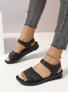 女平底涼鞋適合中年或老人媽媽防滑軟底舒適戶外沙灘鞋 - 黑色 - 查看 2