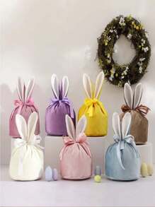 1pc Plush Silk Bow Decoration Rabbit Candy Bag Kids Storage Candy Bag Easter Bunny Bags Fuzzy Children's Gift Bags Home Decoration - Hot Pink - View 5