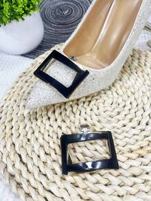 1 對可拆式雙層鞋扣,黑色亮面百搭時尚鞋配件適合高跟鞋 - 黑色 - 查看 1