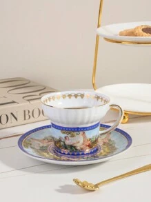 1set Vintage Coffee Cup And Saucer, Ceramic Material, Figurine Shaped Design, Suitable For Home, Club, Coffee Shop, Office Use - Blue - View 1