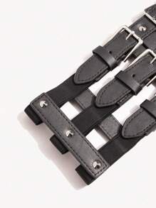 Street Punk Black Elastic Waist Belt With Three Rows Of Buckles And Hollow Out Design Halloween Corset Summer, School - Black - View 7