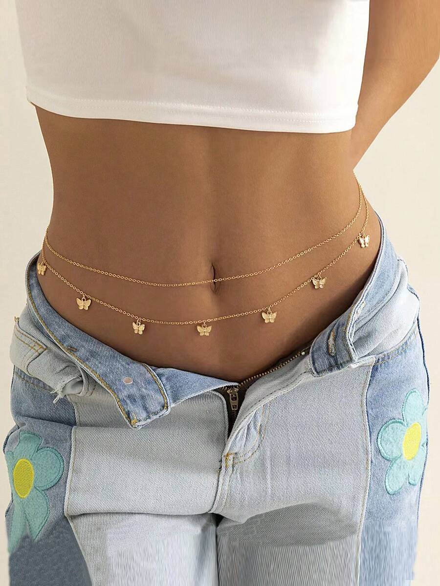 時尚經典可愛蝴蝶腰鏈女性簡約薄型性感身體鏈珠寶夏季假期配件 - 金色 - 查看 1