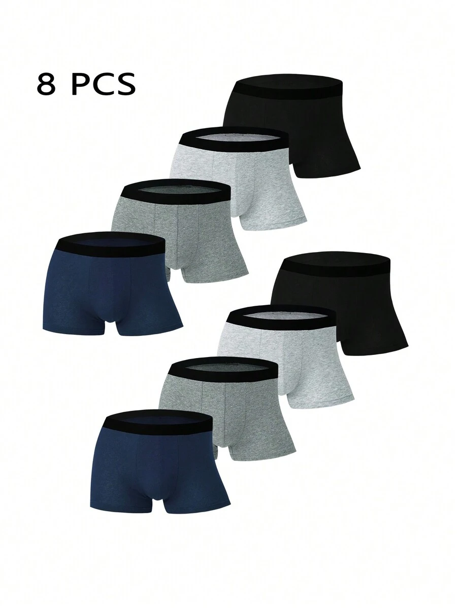 8pcs Men's Solid Color Boxer Shorts, Comfortable & Breathable Mid-Waist Loose Fit Trunk Underwear - Multicolor - View 1