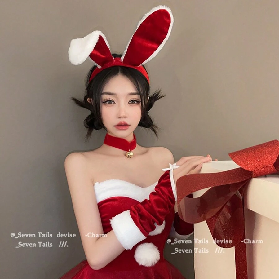 Diadema De Orejas De Conejo Rojas Linda Para Niña De Navidad, Invierno - Rojo - Ver 1