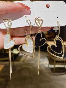 1pair Korean Style Asymmetrical Heart Shaped Tassel Earrings, Suitable For Women's Daily Wear Valentines - Love - View 1
