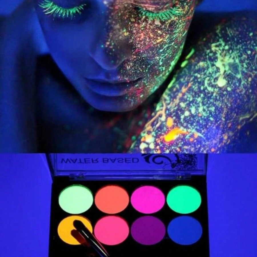 1pc Fluorescent Color Bodysuit, 8 Colors Body Paint With Brush, Glow In The Dark Neon Face & Body Paint Water Soluble, For Party Halloween Cosplay Props, Glowing In Uv Light - Multicolor - View 1