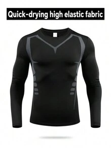 1pc Men Compression Long Sleeve Sports Top, Tight Fit Breathable Base Layer For Core Workout - Black - View 1