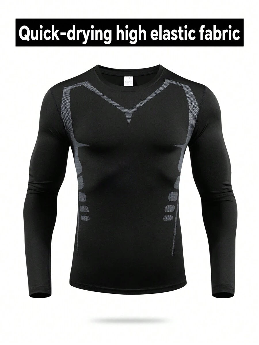 1pc Men Compression Long Sleeve Sports Top, Tight Fit Breathable Base Layer For Core Workout - Black - View 1