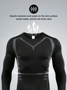 1pc Men Compression Long Sleeve Sports Top, Tight Fit Breathable Base Layer For Core Workout - Black - View 4