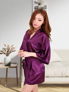 Women'S Solid Belted Satin Robe, Soft And Comfortable Drop Shoulder Sexy Robe, Winter, Valentine'S Day Outfit - 深紫色 - 查看 3