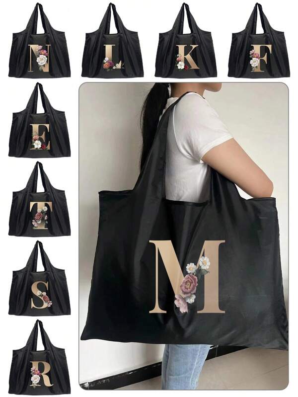 Shopping Bag Tote Bags Folding Pouch Name Initials Pattern Handbags Picnic Bag Reusable Storage Bag Grocery Handbags Large-Capacity For Travel Grocery Bag Tote Bag Initials Lettern Printing Beach Bag Shoulder Bags,School Bag,Portable,Large Capacity,For Teen Girls Women College Students,Perfect For Office,College,Elementary School,Middle School,High School,Work,Business,Commute