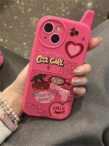 Apple 1pc Korean Retro Y2k Cherry Heart 3D Pink Make Up Mirror Case Compatible With Iphone 16 15 14 13 12 11 Pro Max Plain Shockproof Soft Cover Waterproof Anti-Fall Scratch Resistant