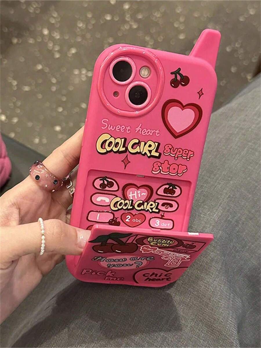 Apple 1pc Korean Retro Y2k Cherry Heart 3D Pink Make Up Mirror Case Compatible With Iphone 16 15 14 13 12 11 Pro Max Plain Shockproof Soft Cover Waterproof Anti-Fall Scratch Resistant