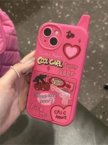 Apple 1pc Korean Retro Y2k Cherry Heart 3D Pink Make Up Mirror Case Compatible With Iphone 16 15 14 13 12 11 Pro Max Plain Shockproof Soft Cover Waterproof Anti-Fall Scratch Resistant