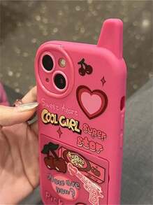 Apple 1pc Korean Retro Y2k Cherry Heart 3D Pink Make Up Mirror Case Compatible With Iphone 16 15 14 13 12 11 Pro Max Plain Shockproof Soft Cover Waterproof Anti-Fall Scratch Resistant