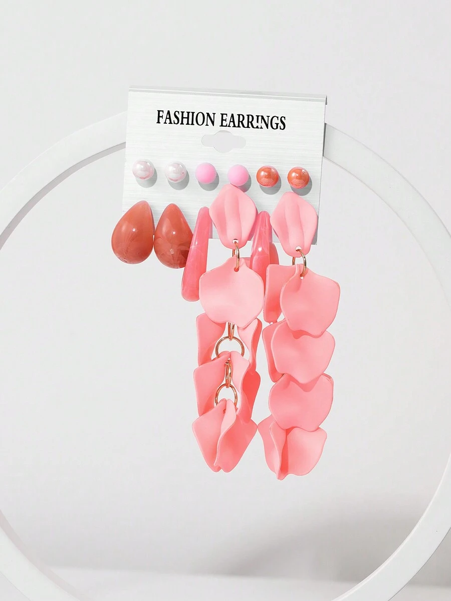 6入組甜美粉色花朵與圓點亞克力耳環,適用於女性派對和度假時搭配創意耳飾 - 粉色 - 查看 1