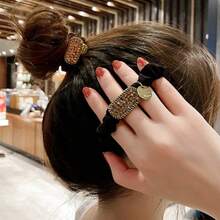 Fashion Satin Bow Scrunchie For Women, Geometric Elliptical Zinc Alloy Hair Elastic With Rhinestones, Versatile Ponytail Holder Hair Tie, A Great Gift For Friends - Multicolor - View 3