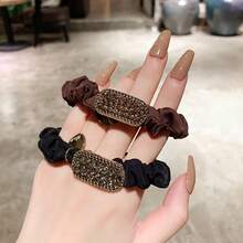 Fashion Satin Bow Scrunchie For Women, Geometric Elliptical Zinc Alloy Hair Elastic With Rhinestones, Versatile Ponytail Holder Hair Tie, A Great Gift For Friends - Multicolor - View 1