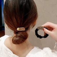 Fashion Satin Bow Scrunchie For Women, Geometric Elliptical Zinc Alloy Hair Elastic With Rhinestones, Versatile Ponytail Holder Hair Tie, A Great Gift For Friends - Multicolor - View 4