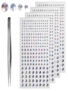 4pcs Acrylic Self-Adhesive Rhinestone Sticker With Ab Color Glitter Gemstone & Tweezer, For Frame, Phone Case, Scrapbook, Greeting Card, Face Decoration, Nail - White - View 1