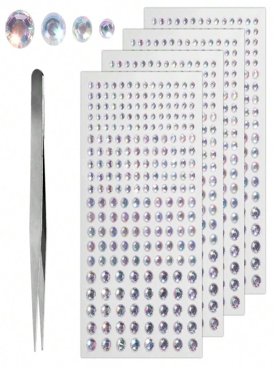 4pcs Acrylic Self-Adhesive Rhinestone Sticker With Ab Color Glitter Gemstone & Tweezer, For Frame, Phone Case, Scrapbook, Greeting Card, Face Decoration, Nail - White - View 1