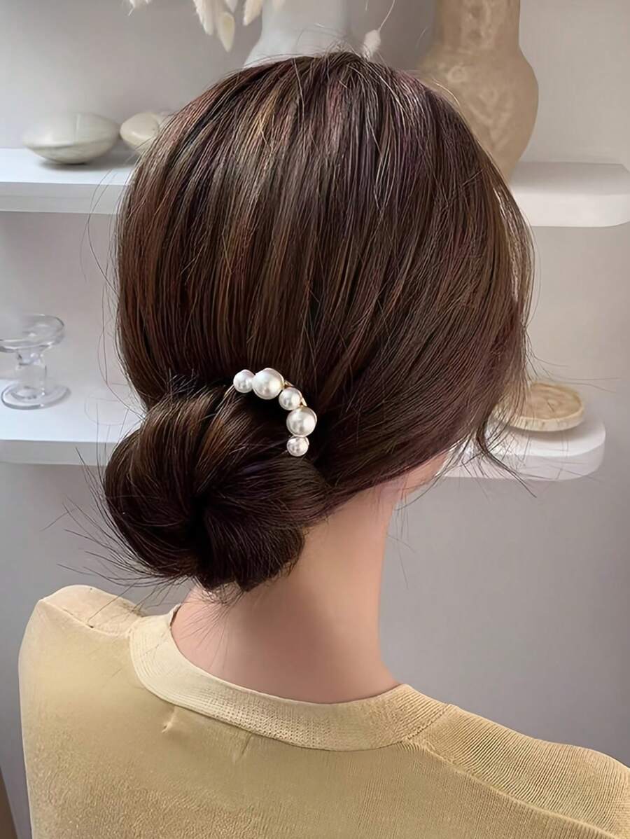 1個時尚女士金色復古u型珍珠髮夾,高雅百搭的盤髮造型髮飾 - 金色 - 查看 1