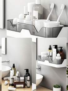 1 Pièce Etagère De Rangement En Plastique Murale, Étagère De Rangement De Salle De Bain Blanche Et Noire Minimaliste Multifonctionnelle
