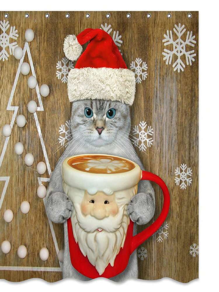 Merry Christmas Cat Shower Curtain Funny Cat With Santa Hat And Santa Coffee Cup Shower Curtain Sets Bathroom Decor With Hooks Waterproof Washable 72 X 72 Inches Red Brown - Red - View 1