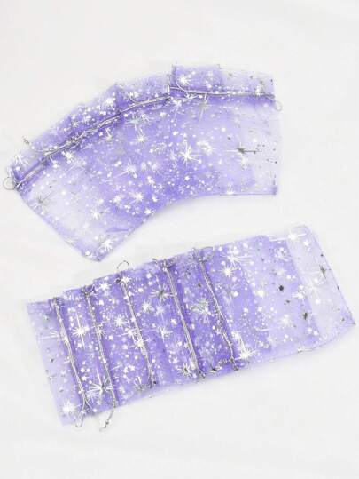 10 bucăți saci de favoruri cu șnur din plasă cu model de stele roz deschis, pungi de pliculețe, pungi cadou, Crăciun