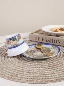 1set Vintage Coffee Cup And Saucer, Ceramic Material, Figurine Shaped Design, Suitable For Home, Club, Coffee Shop, Office Use - Blue - View 4