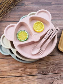 1set Baby Feeding Utensils Set, Including Spoon, Fork, And Plate - Pink - View 2