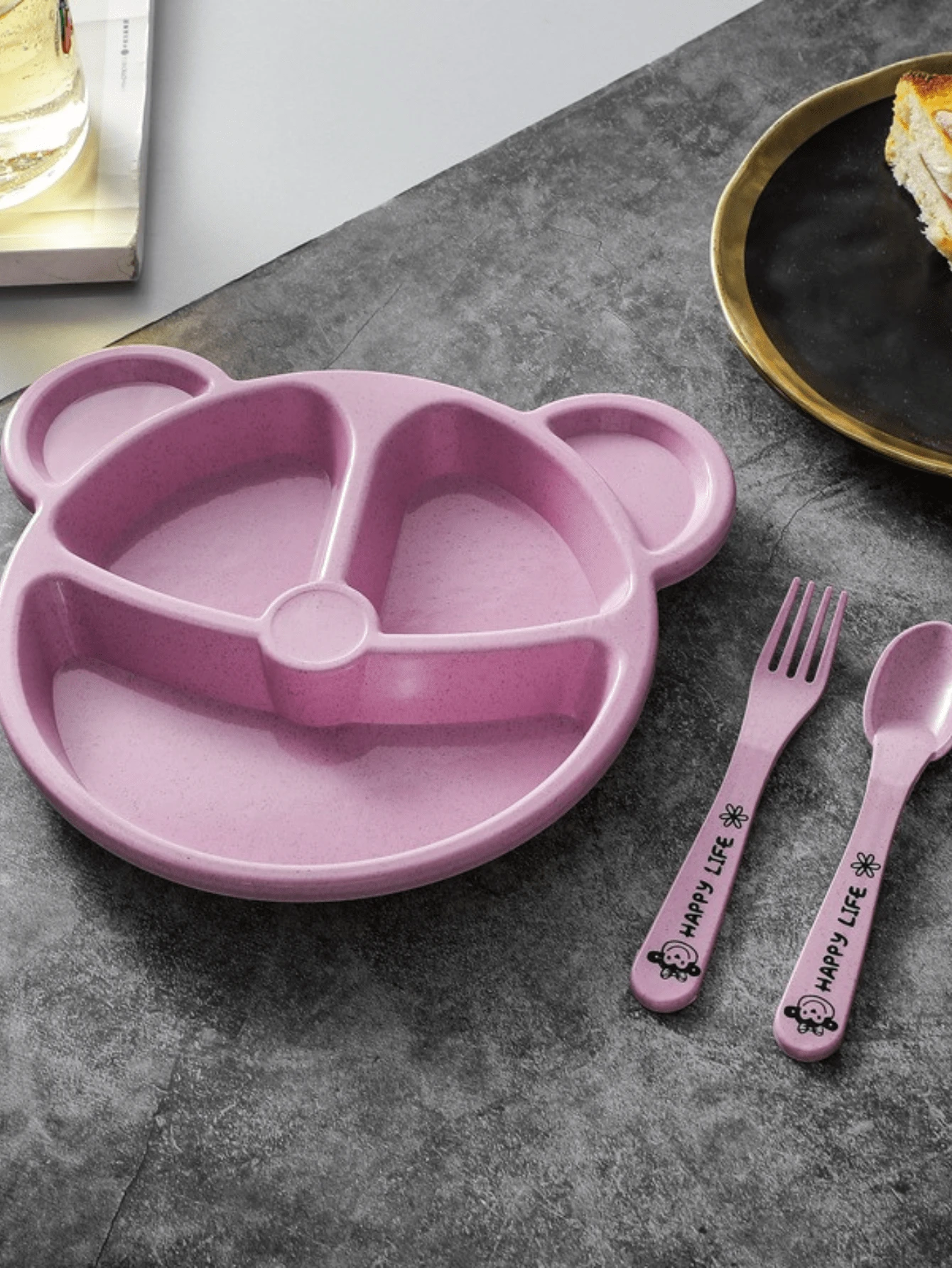 1set Baby Feeding Utensils Set, Including Spoon, Fork, And Plate - Pink - View 1