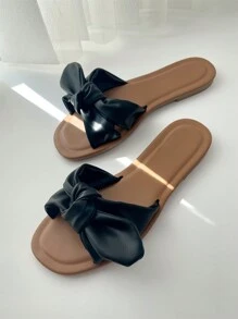 女士平底蝴蝶结凉鞋，个性化时尚复古度假外穿通勤简约皮革穆勒拖鞋 - 棕色 - 查看 5