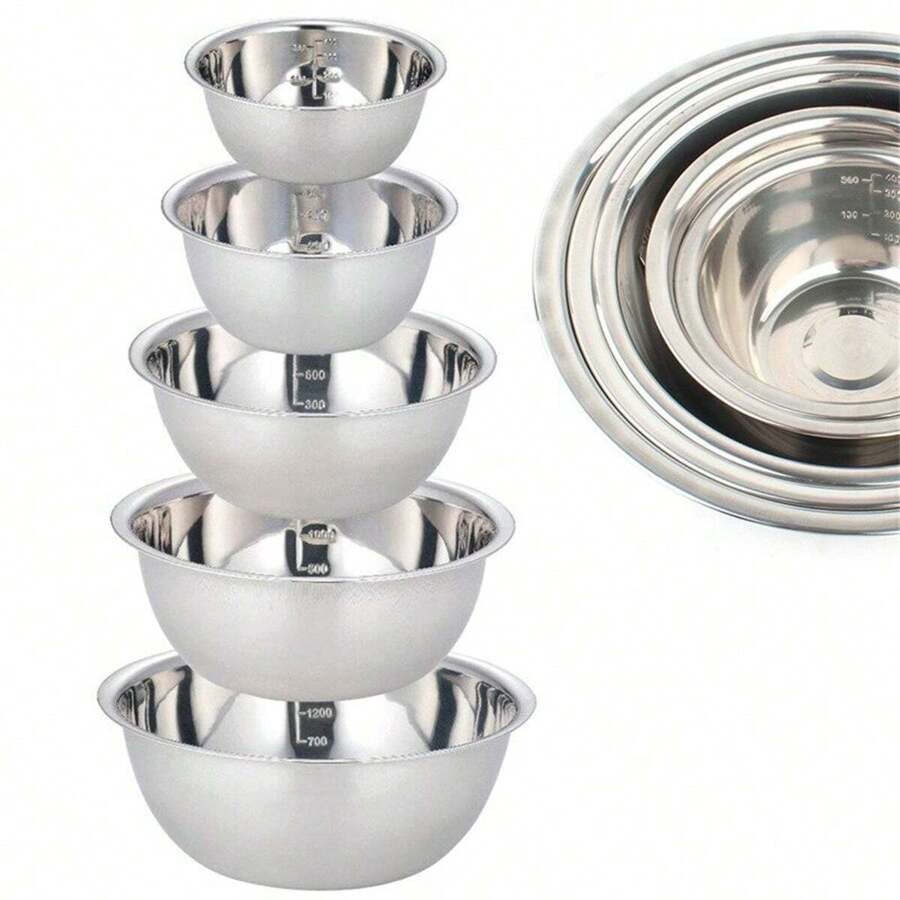 5pcs Non-Slip Stainless Steel Mixing Bowls Set - Perfect For Kitchen Cooking And Baking - Nesting Design For Easy Storage - Silver - View 1